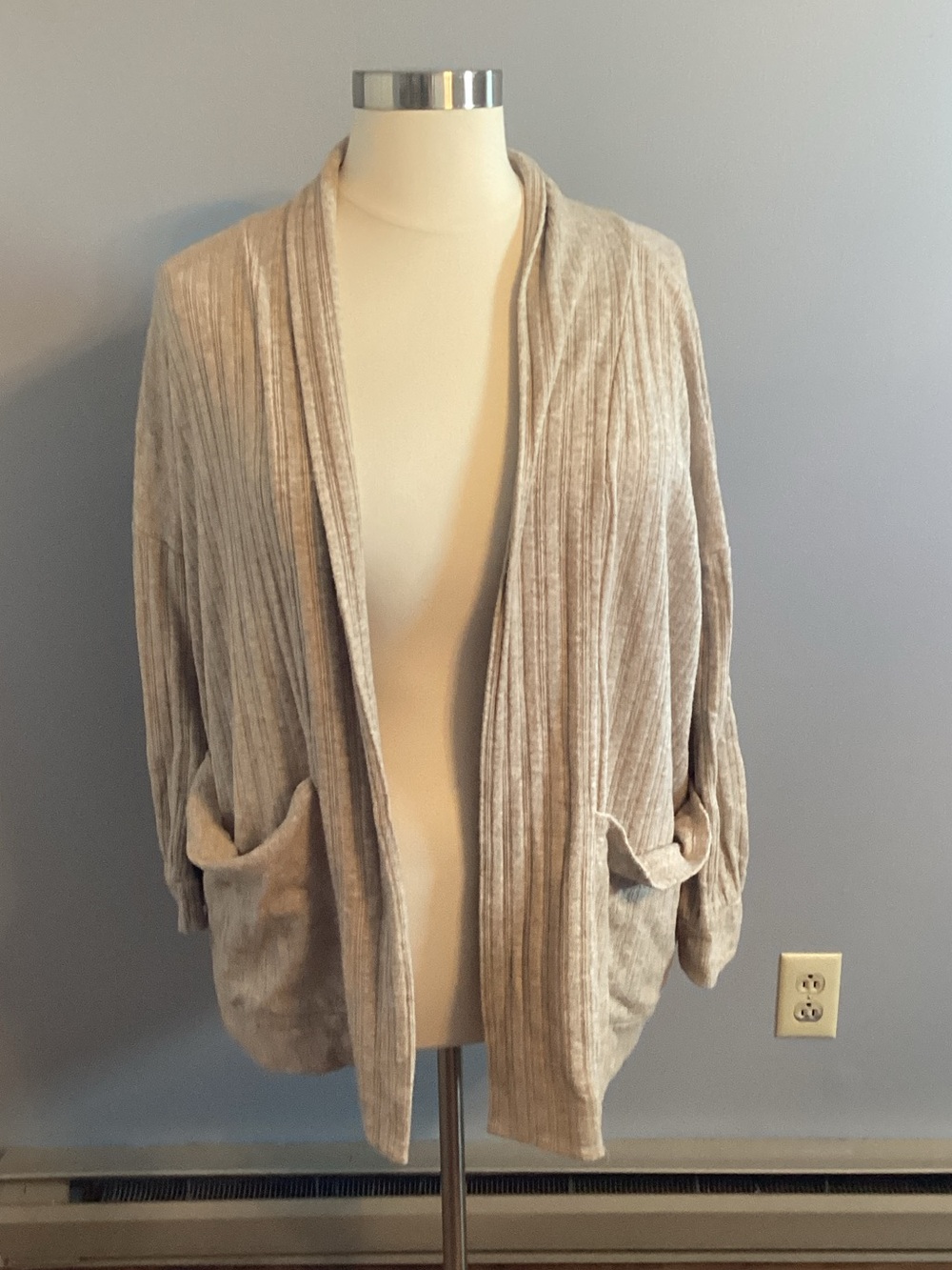 First Love Ribbed Open-Front Pocket Cardigan - Beige 3X